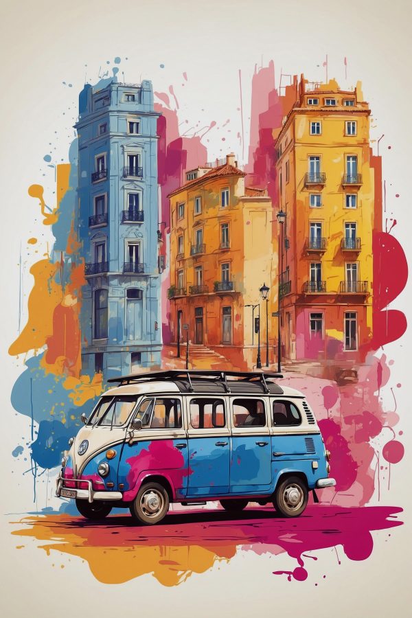 Camionnette avec un toit sur le dessus et un bâtiment coloré Camionnette avec un toit sur le dessus et un bâtiment coloré
