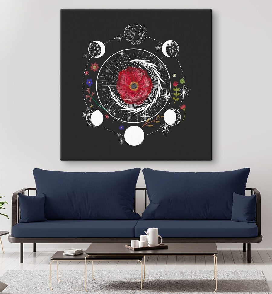 Dessin d'une fleur et des phases de la lune