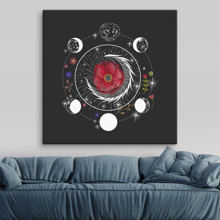 Dessin d'une fleur et des phases de la lune