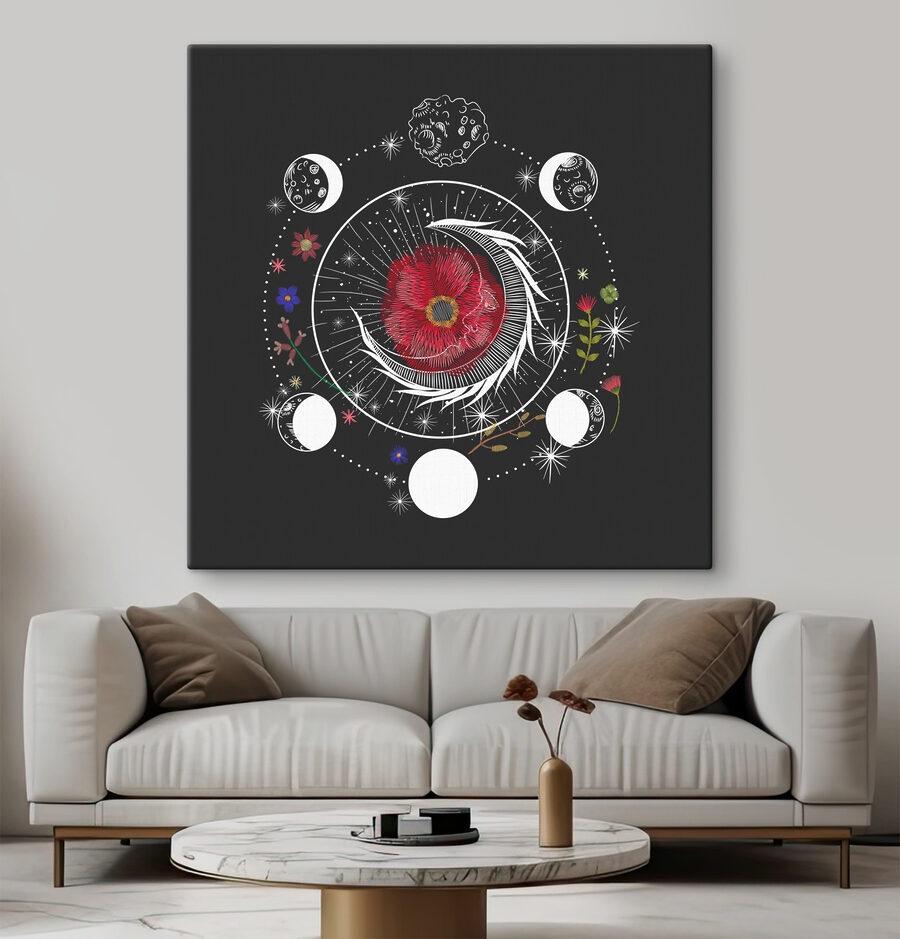 Dessin d'une fleur et des phases de la lune
