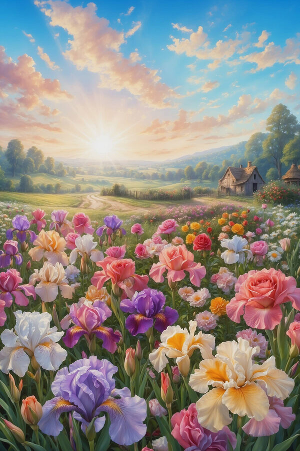 Champ de fleurs avec une maison en arrière-plan Champ de fleurs avec une maison en arrière-plan