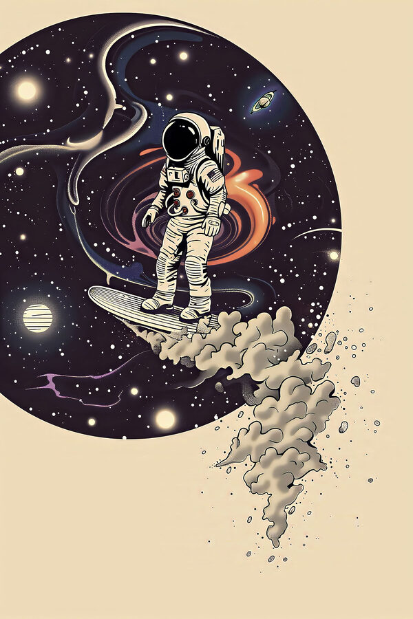 Un astronaute sur une planche de surf dans l'espace Un astronaute sur une planche de surf dans l'espace