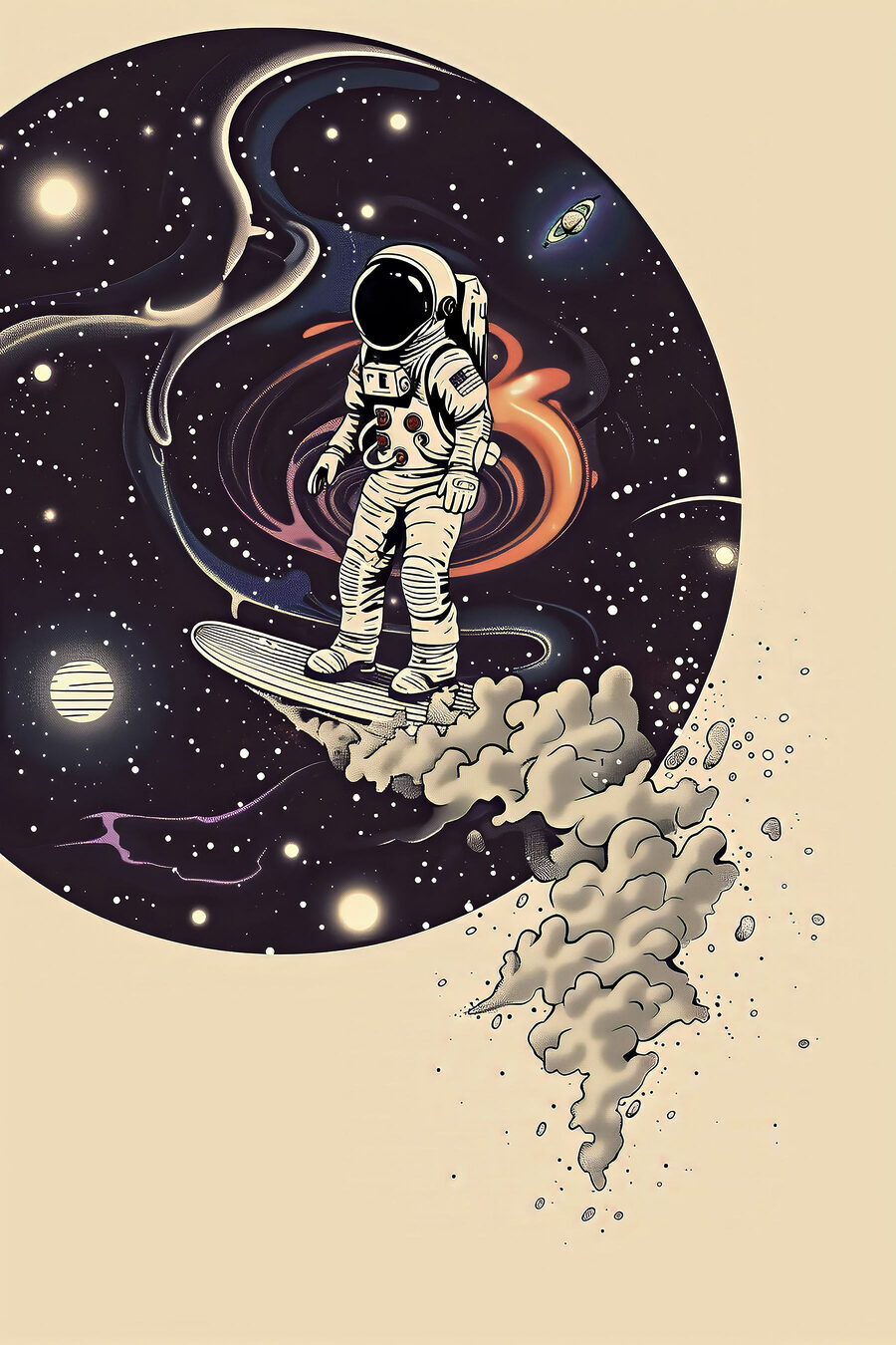 Un astronaute sur une planche de surf dans l'espace