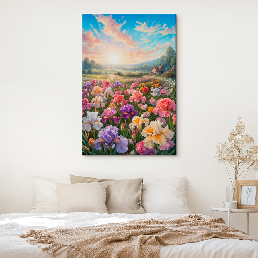 Champ de fleurs avec une maison en arrière-plan