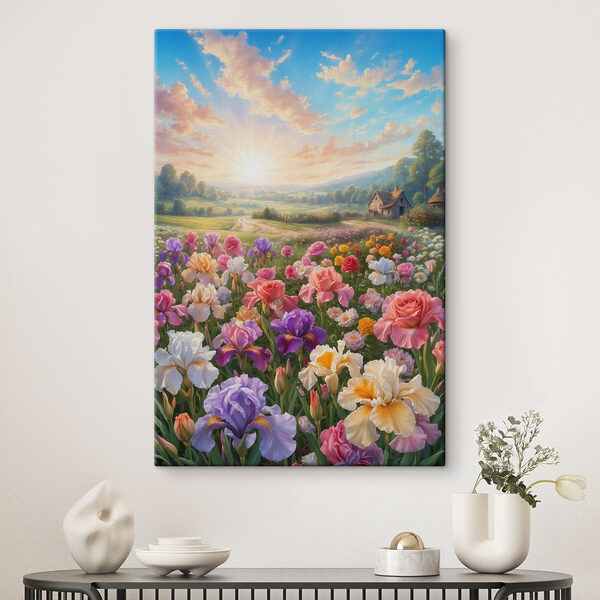 Champ de fleurs avec une maison en arrière-plan Champ de fleurs avec une maison en arrière-plan