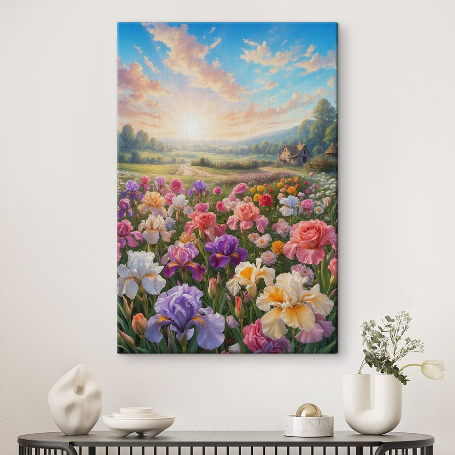 Champ de fleurs avec une maison en arrière-plan