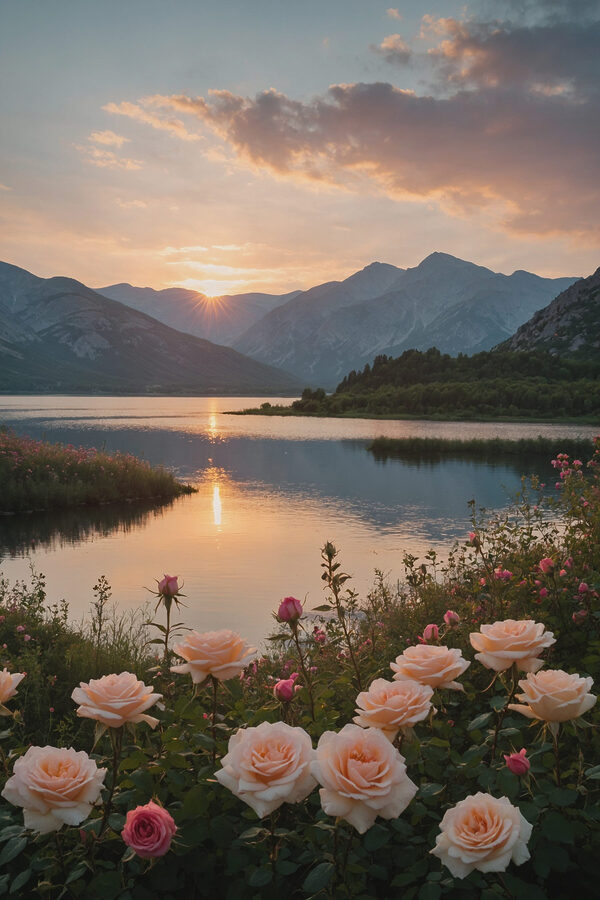 Lac avec fleurs et montagnes en arrière-plan Lac avec fleurs et montagnes en arrière-plan