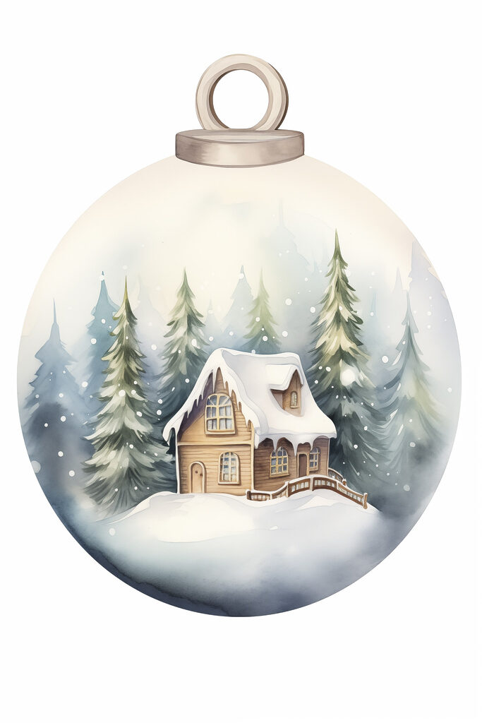 Watercolor painting of a house in a snow covered forest