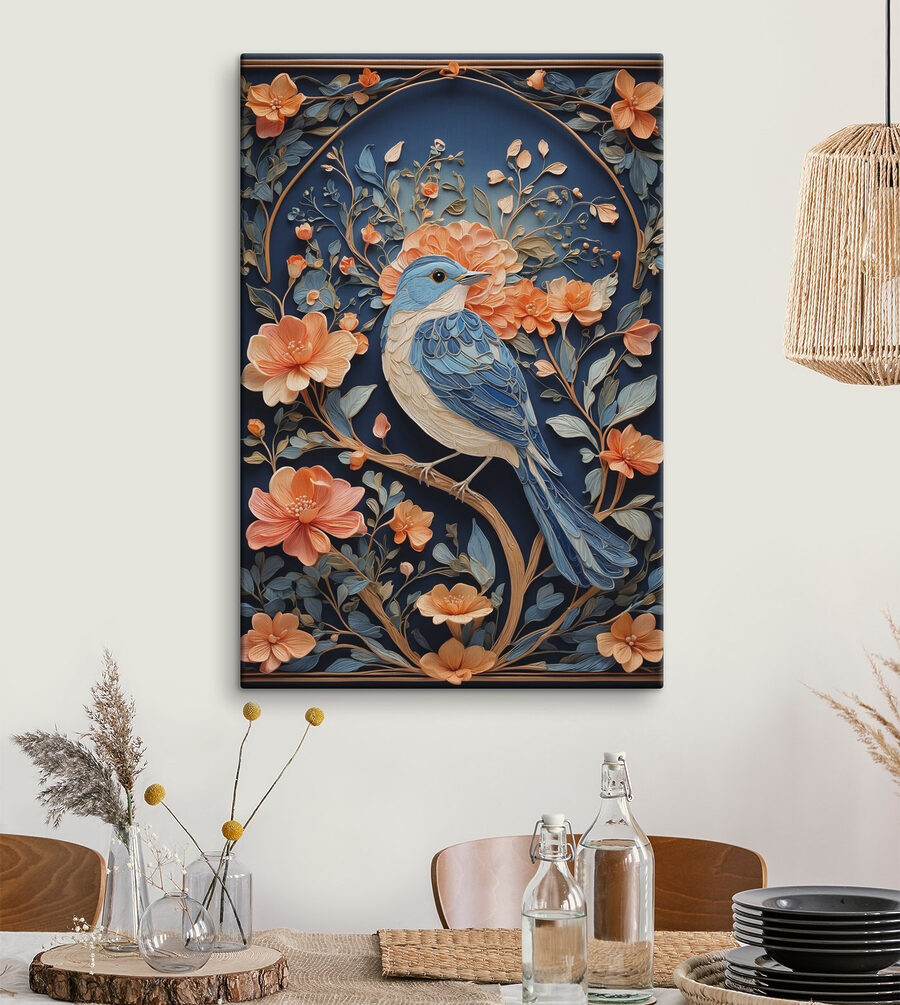 Oiseau bleu sur une branche avec des fleurs