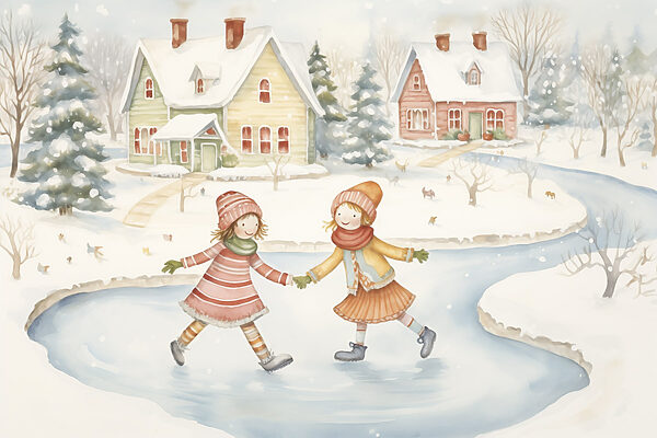 Couple de filles faisant du patin à glace dans un paysage enneigé Couple de filles faisant du patin à glace dans un paysage enneigé