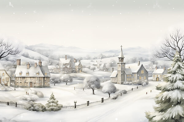Snow covered village with a church and trees Snow covered village with a church and trees