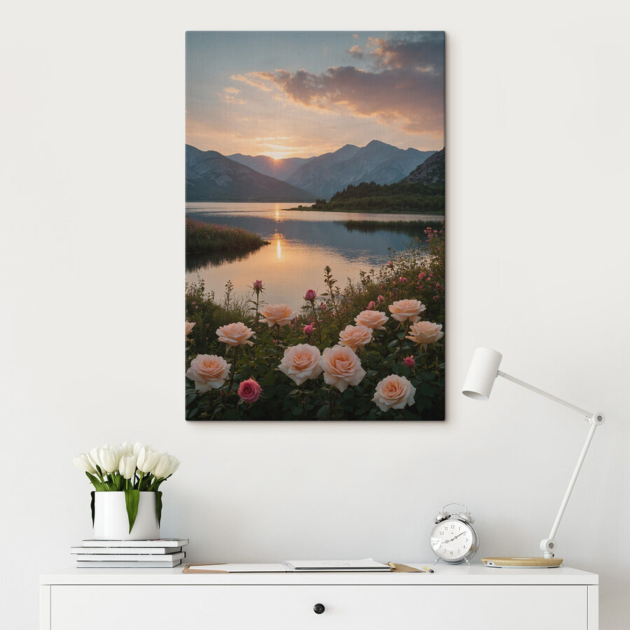 Lac avec fleurs et montagnes en arrière-plan