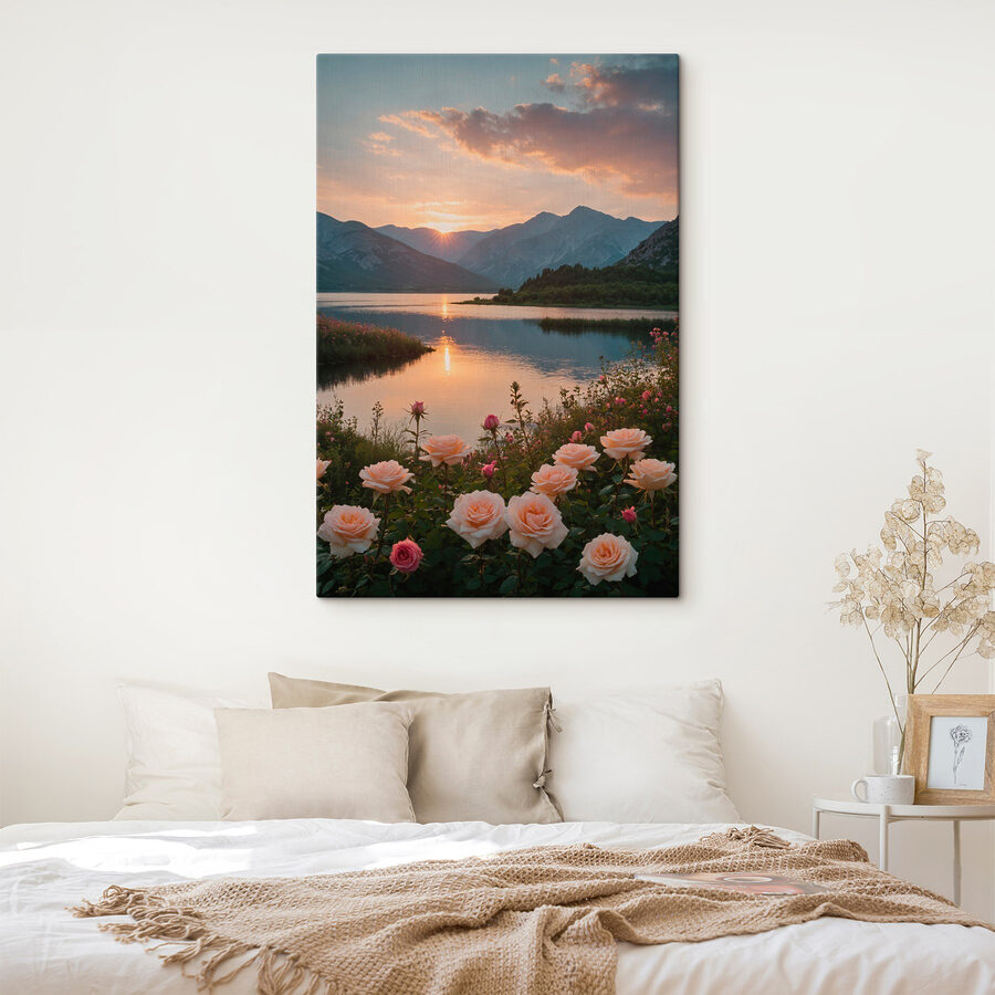 Lac avec fleurs et montagnes en arrière-plan