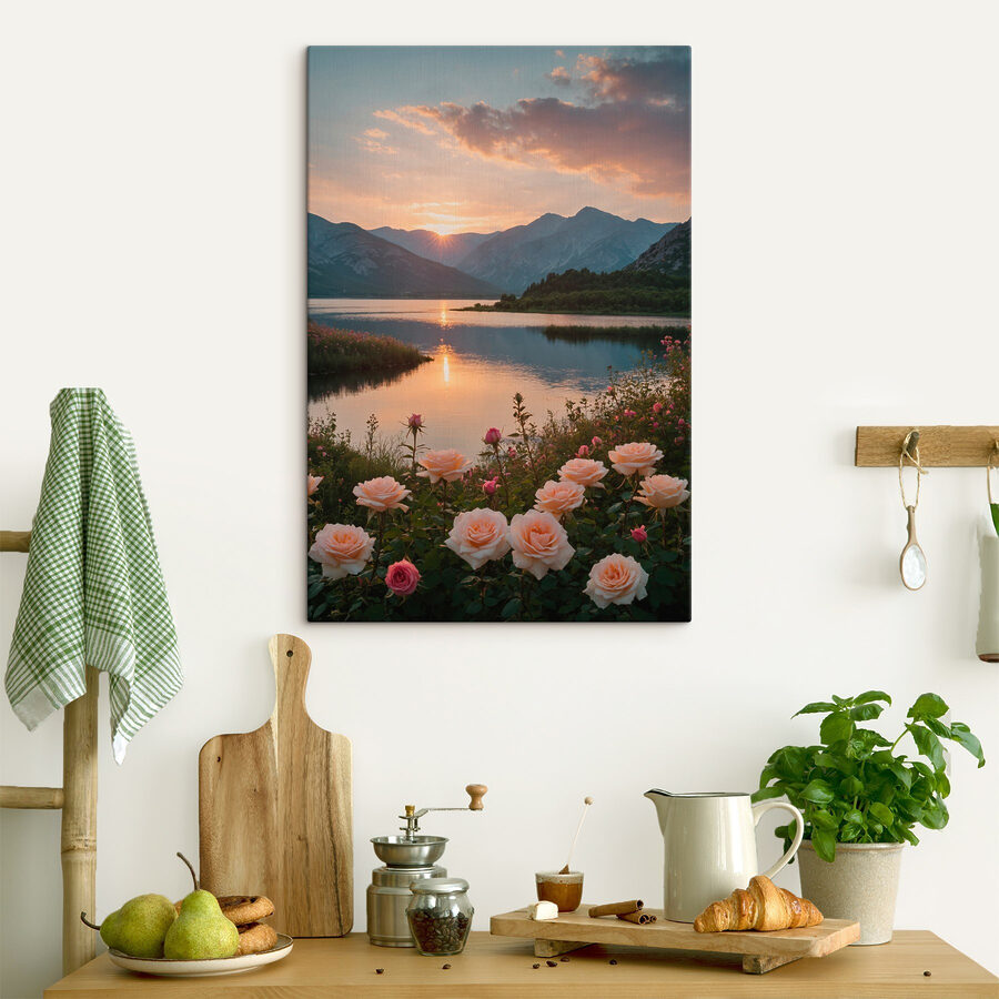 Lac avec fleurs et montagnes en arrière-plan