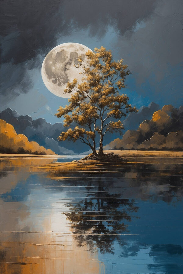 Arbre sur un lac avec une pleine lune en arrière-plan Arbre sur un lac avec une pleine lune en arrière-plan