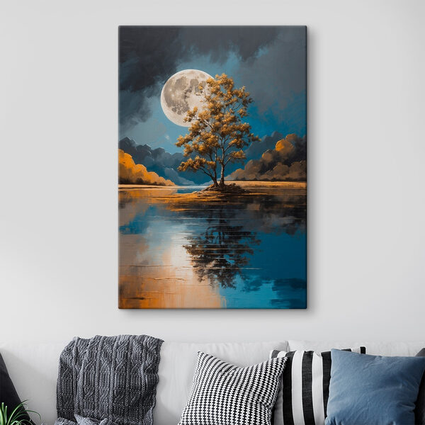 Arbre sur un lac avec une pleine lune en arrière-plan Arbre sur un lac avec une pleine lune en arrière-plan