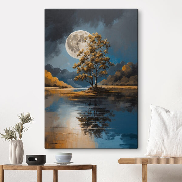 Arbre sur un lac avec une pleine lune en arrière-plan Arbre sur un lac avec une pleine lune en arrière-plan