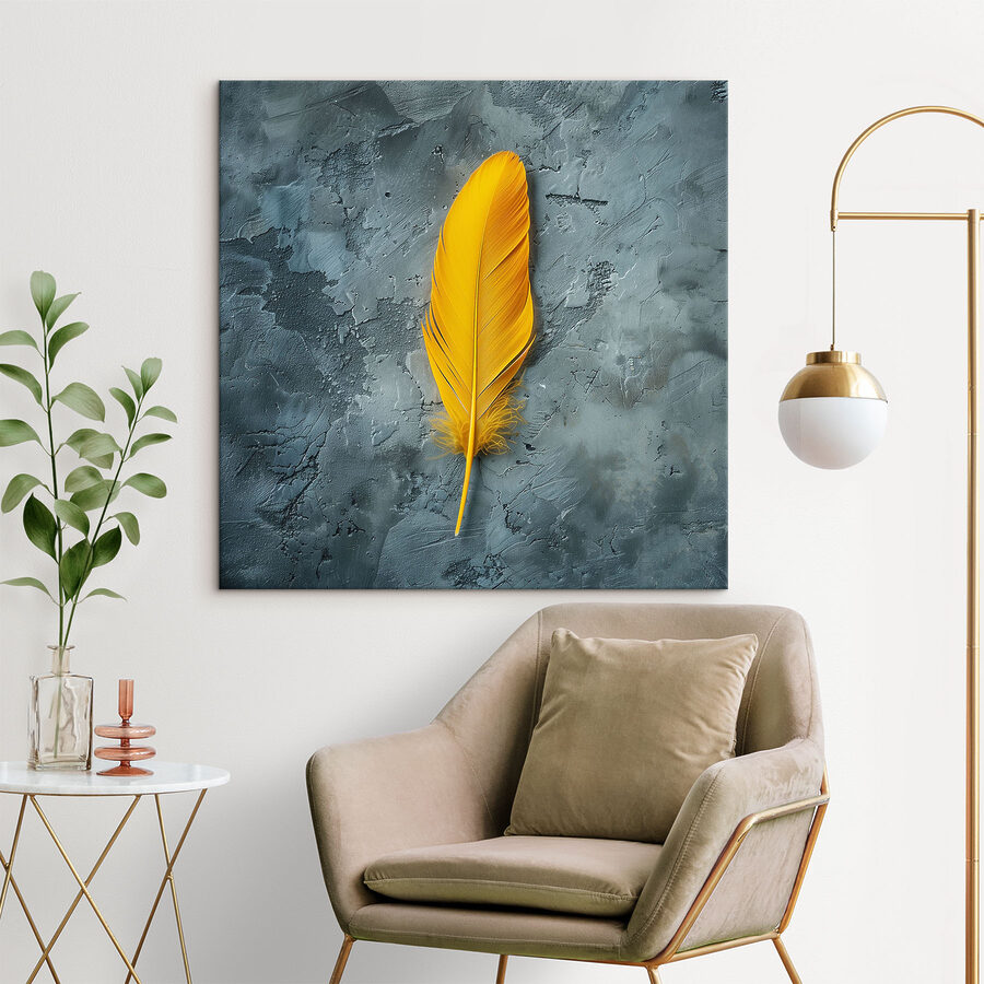 Tableaux Plume jaune sur une surface grise – Image 2