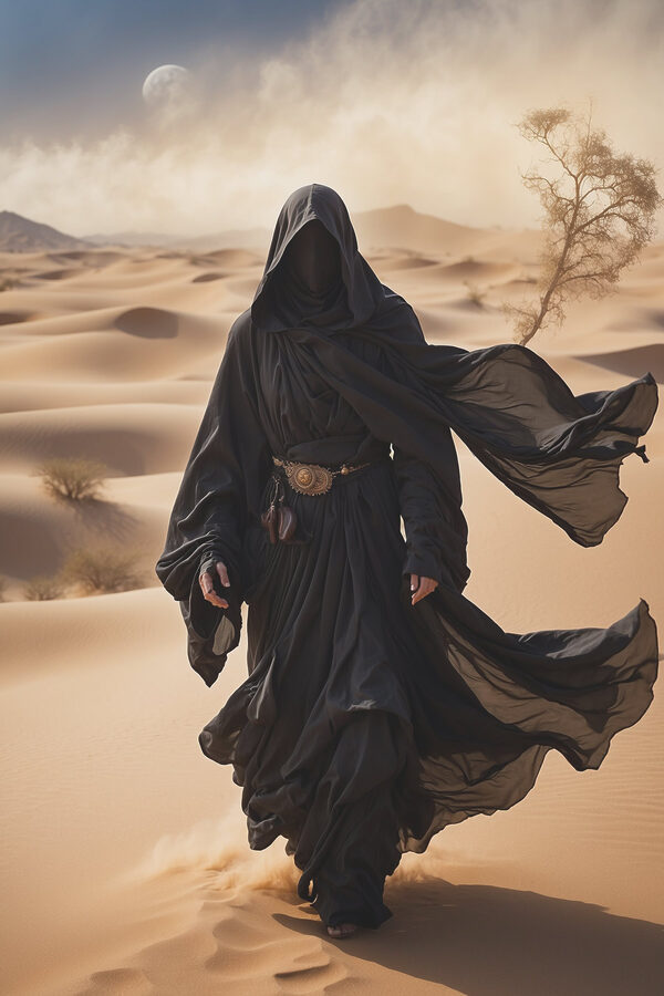 Personne en robe noire marchant dans le désert Personne en robe noire marchant dans le désert