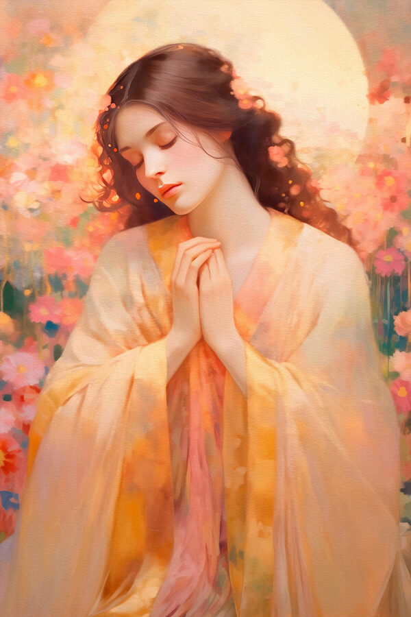 Femme en robe, les mains jointes, devant un fond fleuri Femme en robe, les mains jointes, devant un fond fleuri