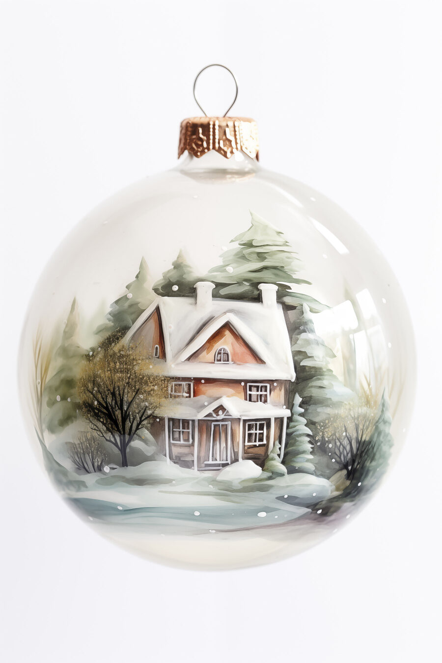 Boule en verre avec une peinture représentant une maison et des arbres Boule en verre avec une peinture représentant une maison et des arbres