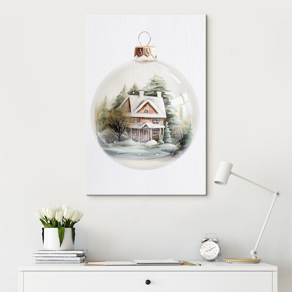 Boule en verre avec une peinture représentant une maison et des arbres Boule en verre avec une peinture représentant une maison et des arbres