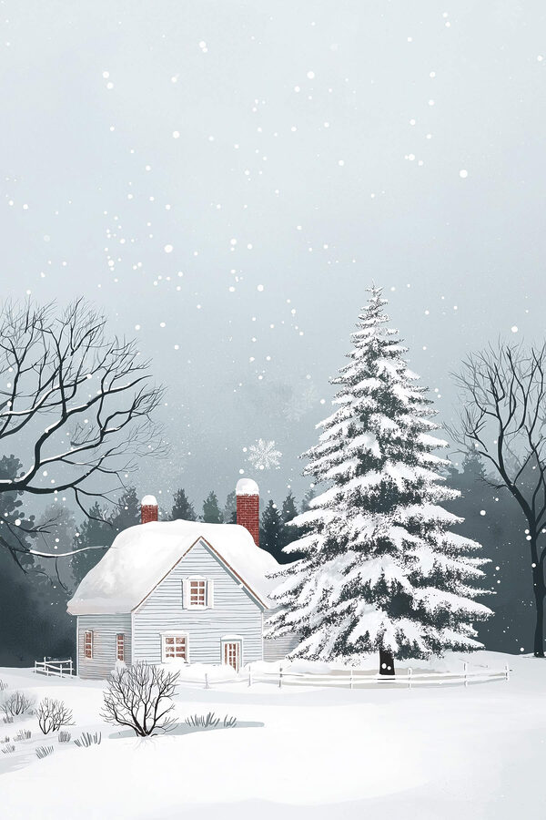 Maison avec de la neige sur le toit et un arbre dans la neige Maison avec de la neige sur le toit et un arbre dans la neige
