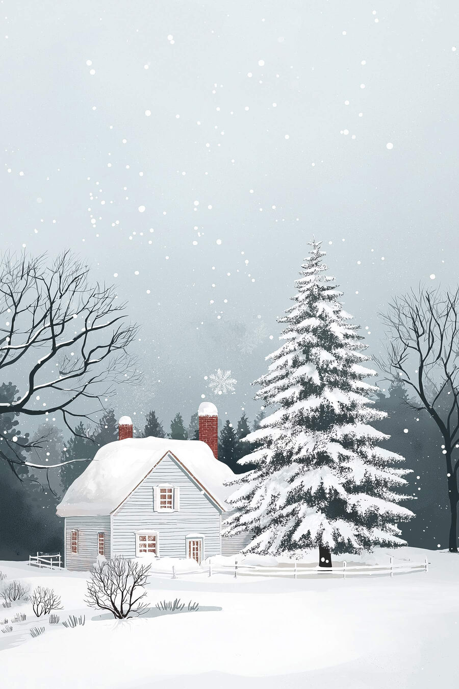 Maison avec de la neige sur le toit et un arbre dans la neige