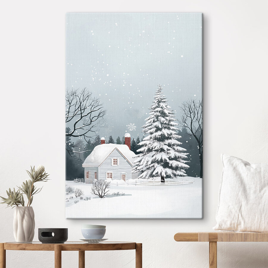 Maison avec de la neige sur le toit et un arbre dans la neige