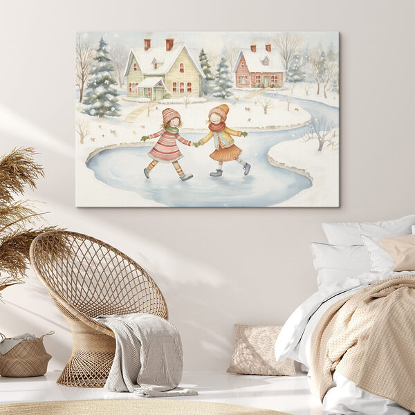 Couple de filles faisant du patin à glace dans un paysage enneigé Couple de filles faisant du patin à glace dans un paysage enneigé