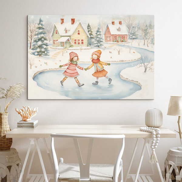 Couple de filles faisant du patin à glace dans un paysage enneigé Couple de filles faisant du patin à glace dans un paysage enneigé