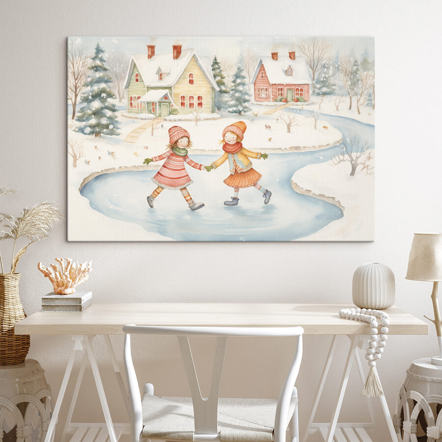 Couple de filles faisant du patin à glace dans un paysage enneigé