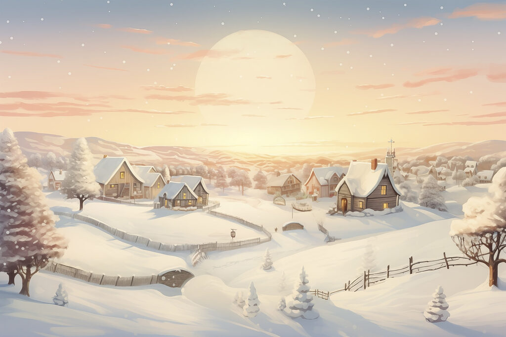 Snow covered village with trees and a fence