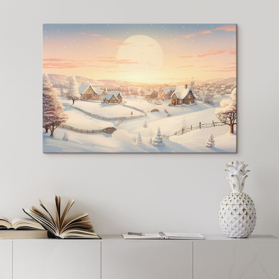 Village enneigé avec des arbres et une clôture