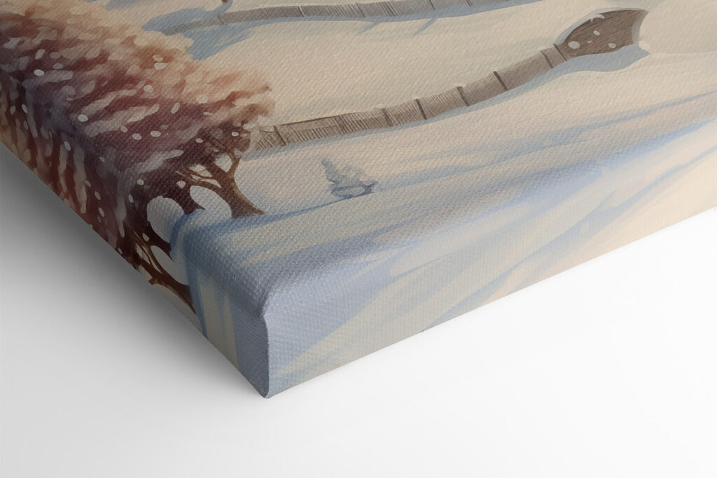 Snow covered village with trees and a fence