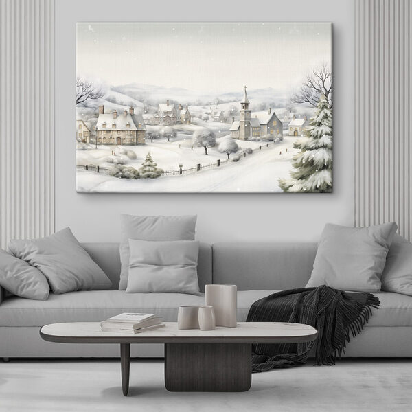 Snow covered village with a church and trees Snow covered village with a church and trees