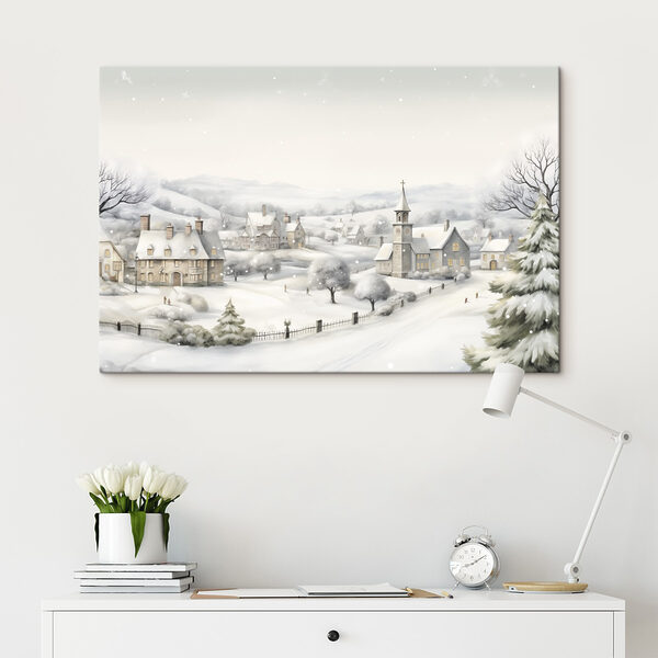 Snow covered village with a church and trees Snow covered village with a church and trees