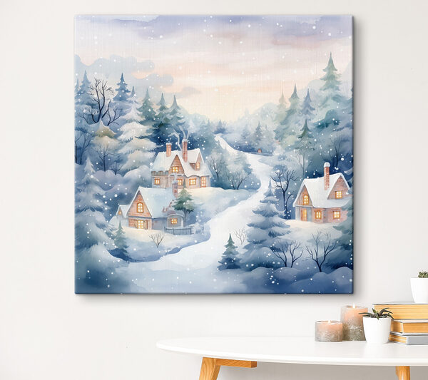 Peinture de maisons dans une forêt enneigée Peinture de maisons dans une forêt enneigée