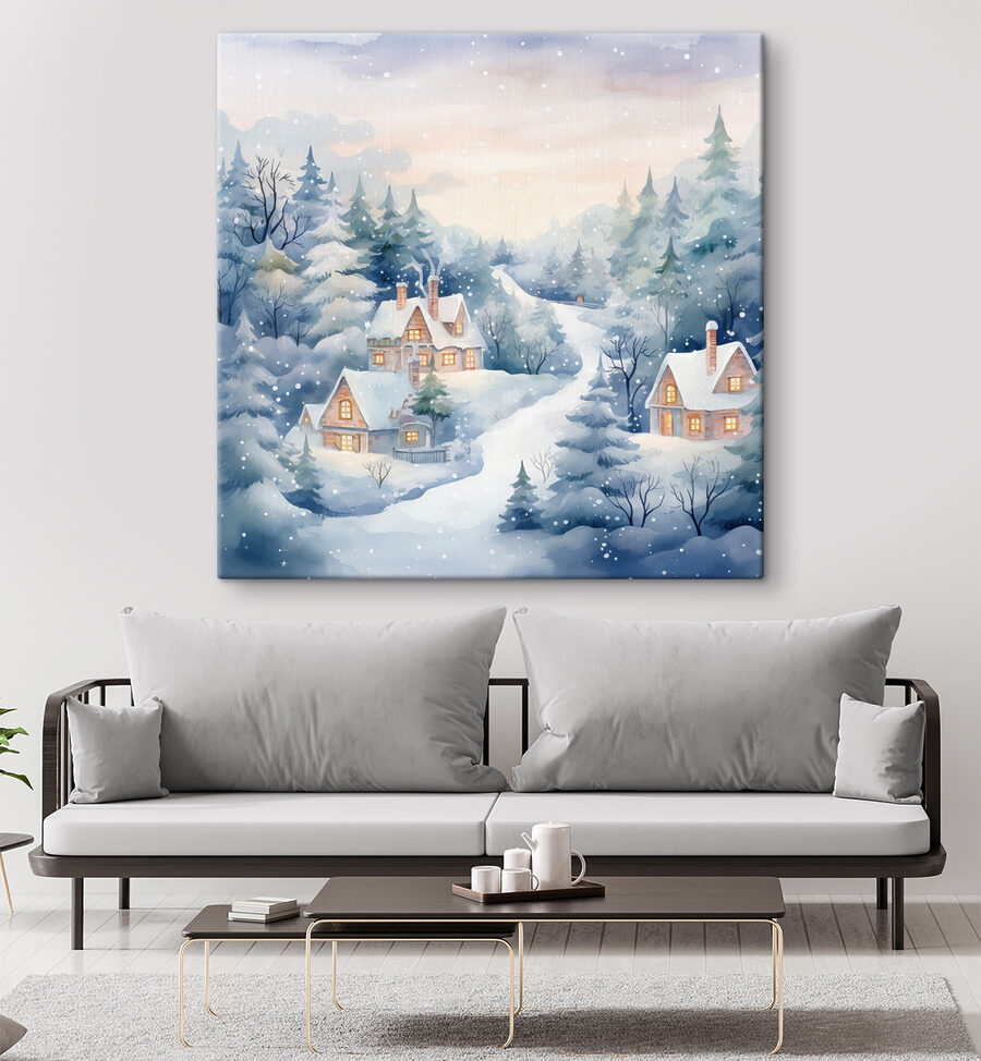 Peinture de maisons dans une forêt enneigée Peinture de maisons dans une forêt enneigée