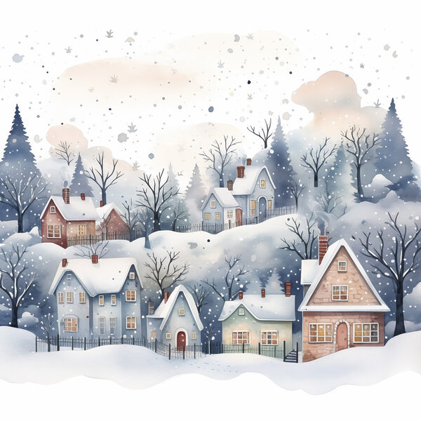 Aquarelle de maisons et d'arbres dans la neige Aquarelle de maisons et d'arbres dans la neige