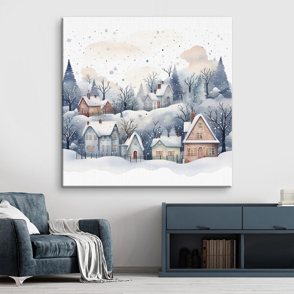 Aquarelle de maisons et d'arbres dans la neige Aquarelle de maisons et d'arbres dans la neige
