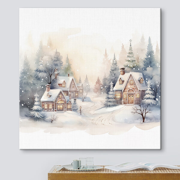 Aquarelle de maisons dans une forêt enneigée Aquarelle de maisons dans une forêt enneigée