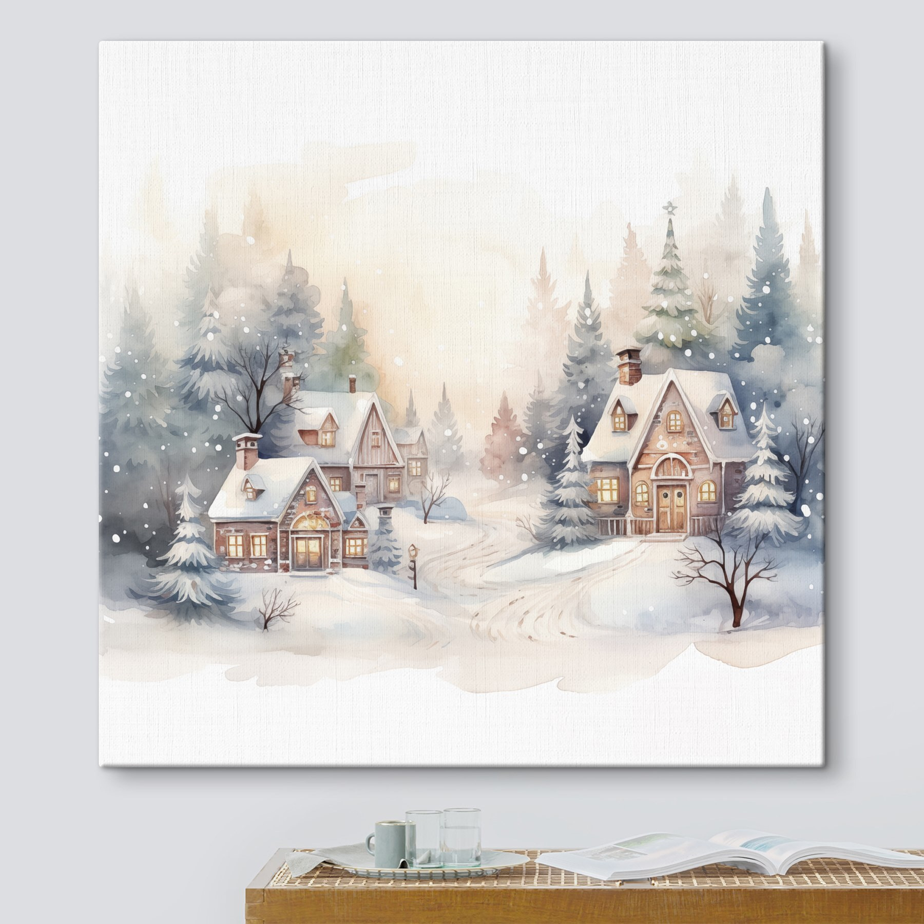 Watercolor painting of houses in a snowy forest