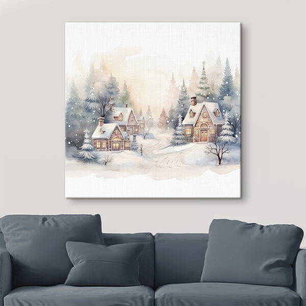 Aquarelle de maisons dans une forêt enneigée Aquarelle de maisons dans une forêt enneigée