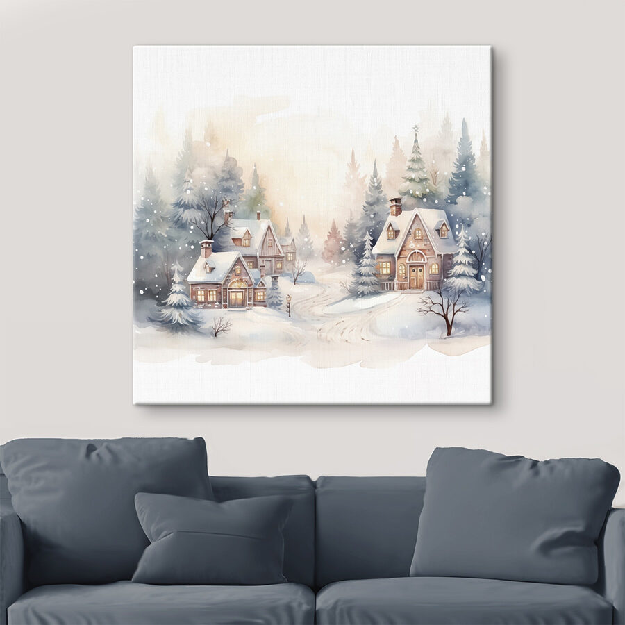 Aquarelle de maisons dans une forêt enneigée Aquarelle de maisons dans une forêt enneigée