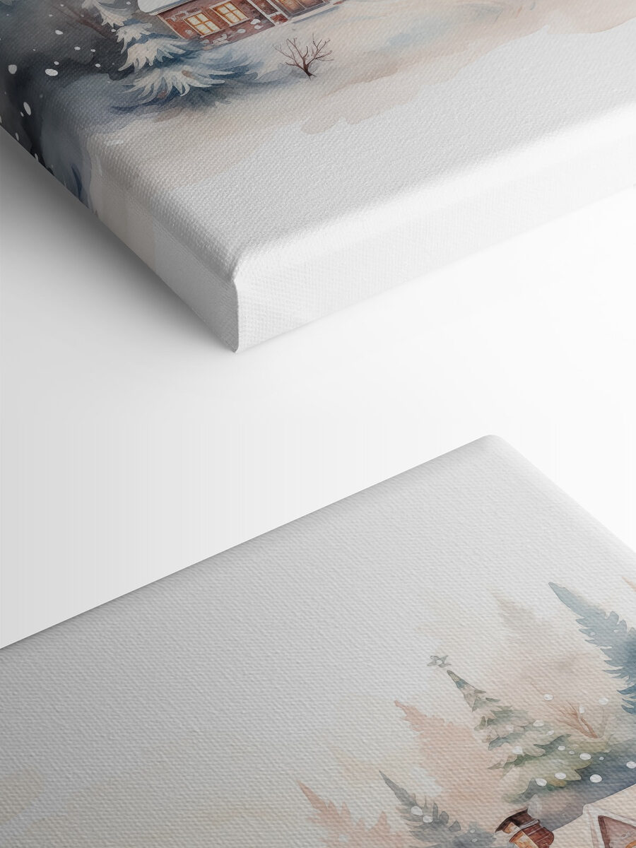 Aquarelle de maisons dans une forêt enneigée Aquarelle de maisons dans une forêt enneigée