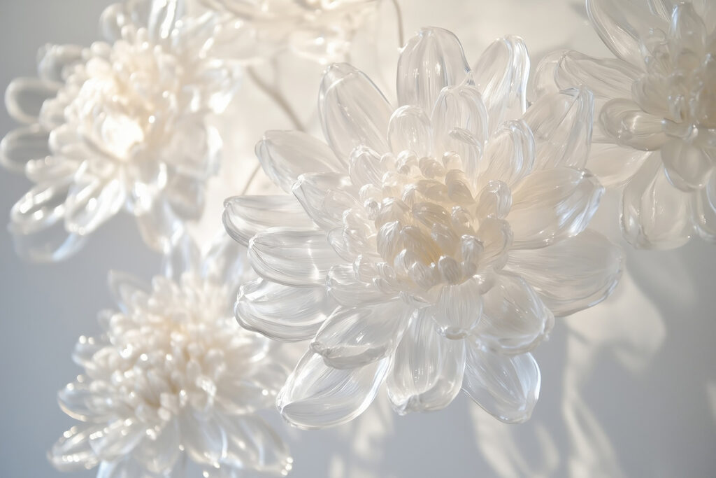 De délicates sculptures florales en verre sont exposées. De délicates sculptures florales en verre sont exposées.