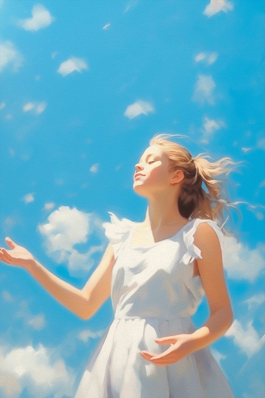 Femme en robe blanche avec les bras en l'air
