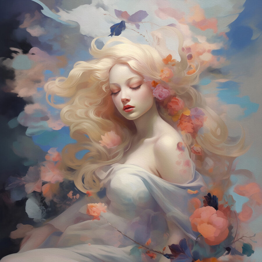 Femme aux longs cheveux blonds avec des fleurs dans les cheveux