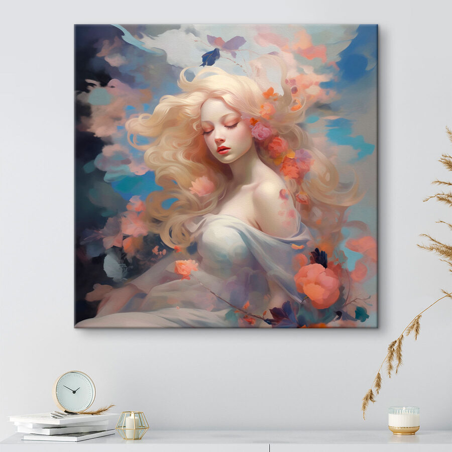Femme aux longs cheveux blonds avec des fleurs dans les cheveux